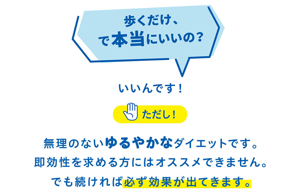 歩くだけで本当にいいの？いいんです！ただし、無理のないゆるやかなダイエットです。即効性を求める方にはオススメできません。でも続ければ必ず効果が出てきます。