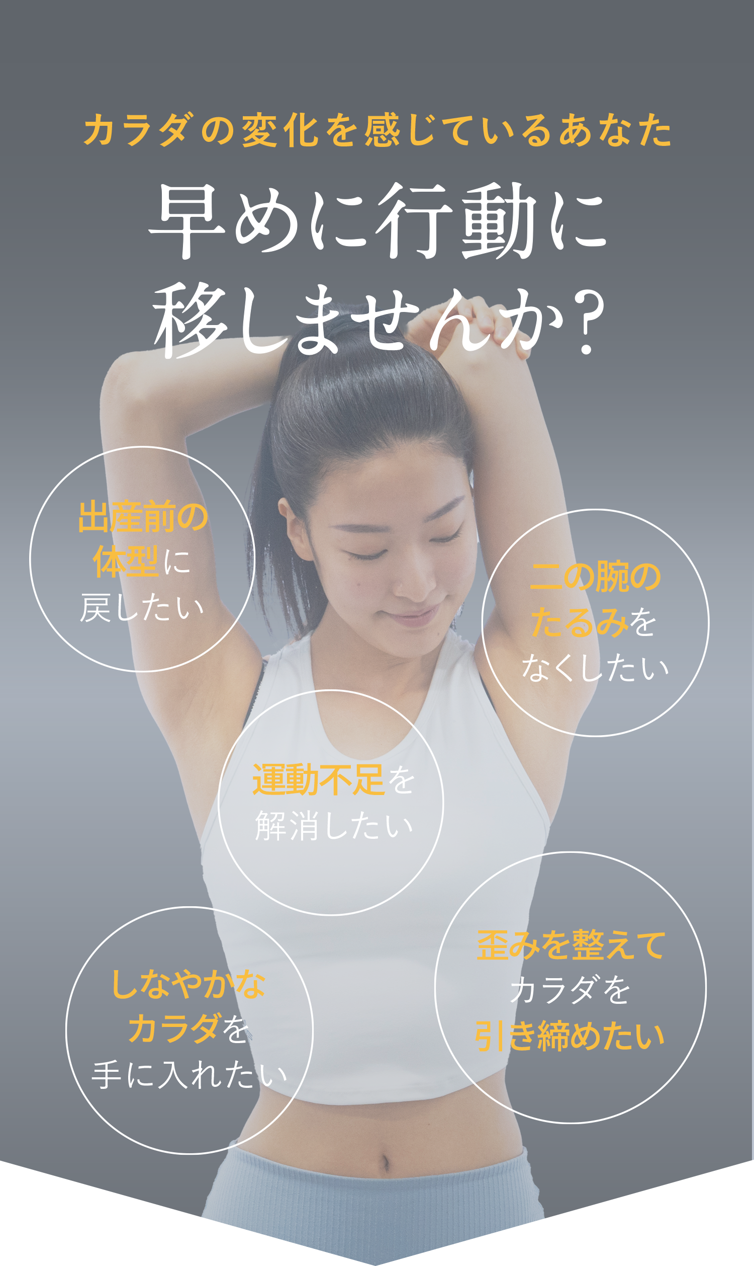 カラダの変化を感じているあなた 早めに行動に移しませんか?出産前の体型に戻したい、二の腕のたるみをなくしたい、運動不足を解消したい、歪みを整えてカラダを引き締めたい、しなやかなカラダを手に入れたい