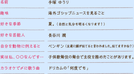 ●名前：手塚 ゆうり ●趣味：海外ゴシップニュースを見る  ●好きな季節：夏。自然と気分も明るくなります！ ●好きな芸能人：長谷川 潤 ●自分を動物に例えると：ペンギン（友達に顔が似てると言われました。似てますかね？） ●実は私、〇〇なんです…：子供歌舞伎の舞台で主役を務めたことがあります。 ●カラオケで〆に歌う曲：ドリカムの「何度でも」