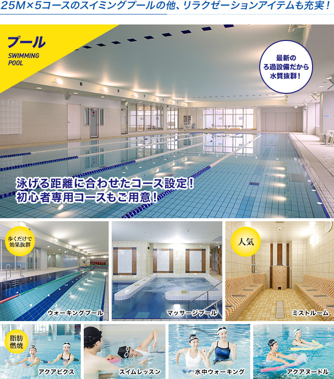 25M×5コースのスイミングプールの他、リラクゼーションアイテムも充実！