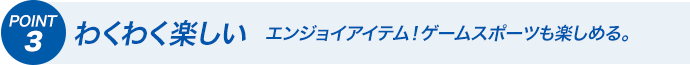 POINT3 わくわく楽しい　エンジョイアイテム！ゲームスポーツも楽しめる。