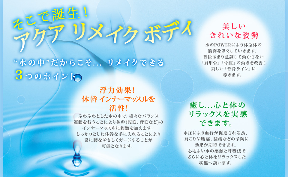 そこで誕生！アクア リメイク ボディ　“水の中”だからこそ...リメイクできる３つのポイント　[美しいきれいな姿勢]水のPOWERにより体全体の筋肉をほぐしていきます。普段あまり意識して動かさない「肩甲骨」「骨盤」の動きを改善し美しい「背骨ライン」に導きます。[浮力効果! 体幹インナーマッスルを活性!]ふわふわとした水の中で、様々なバランス運動を行うことにより体幹(腹筋、背筋など)のインナーマッスルに刺激を加えます。しっかりとした体幹を手に入れることにより常に腰をやさしくガードすることが可能となります。[癒し...心と体のリラックスを実感できます。]水圧により血行が促進される為、肩こりや腰痛、膝痛などの予防に効果が期待できます。心地よい水の感触と呼吸法でさらに心と体をリラックスした状態へ誘います。