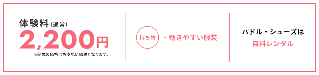 体験料（通常）2,200円※記載の価格はお支払い総額となります。 持ち物 ・動きやすい服装 ・室内シューズ パドル・ボールは 無料レンタル